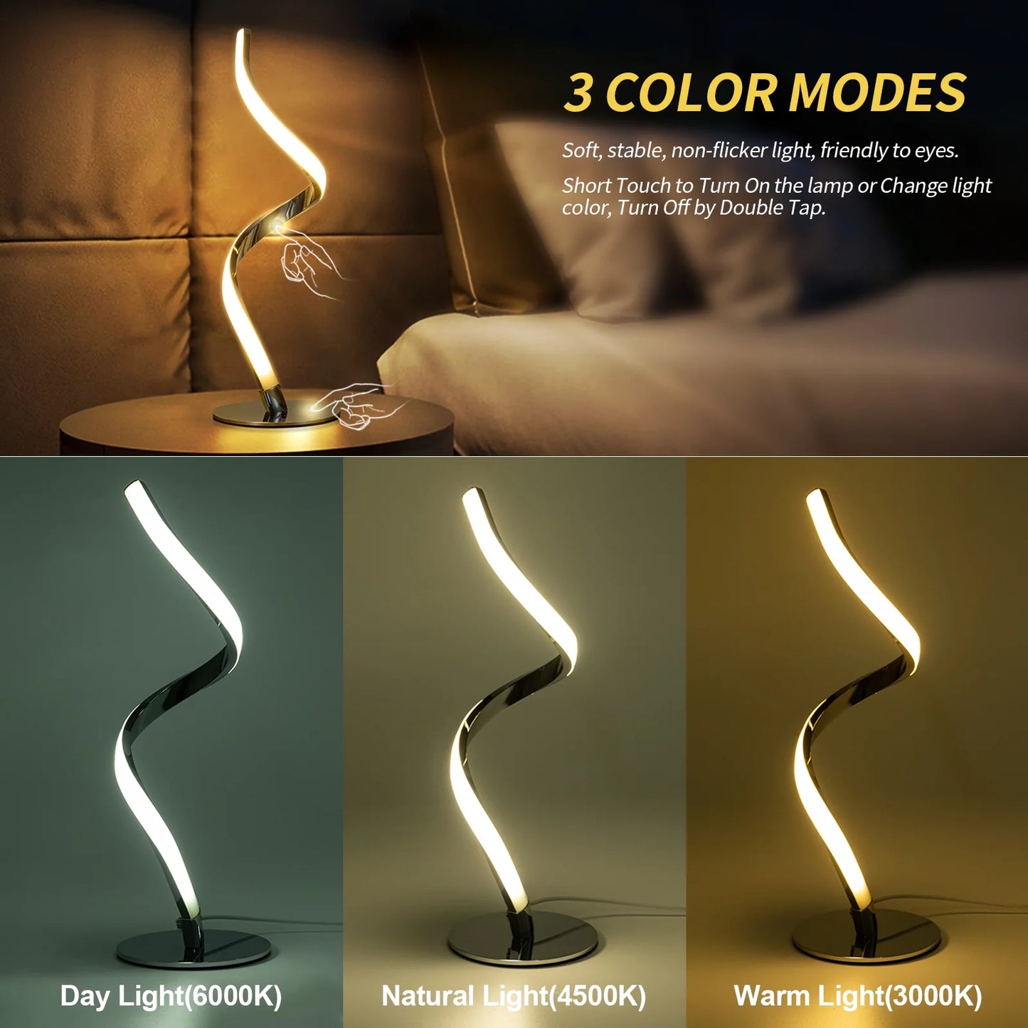 Modern Spiral Table Lamp -  Touch Control Bedside Lamp, 3 Colors & Fully Stepless Dimmable Nightstand Lamps for Bedroom, Living Room & Office(3000K 4000K 5000K)