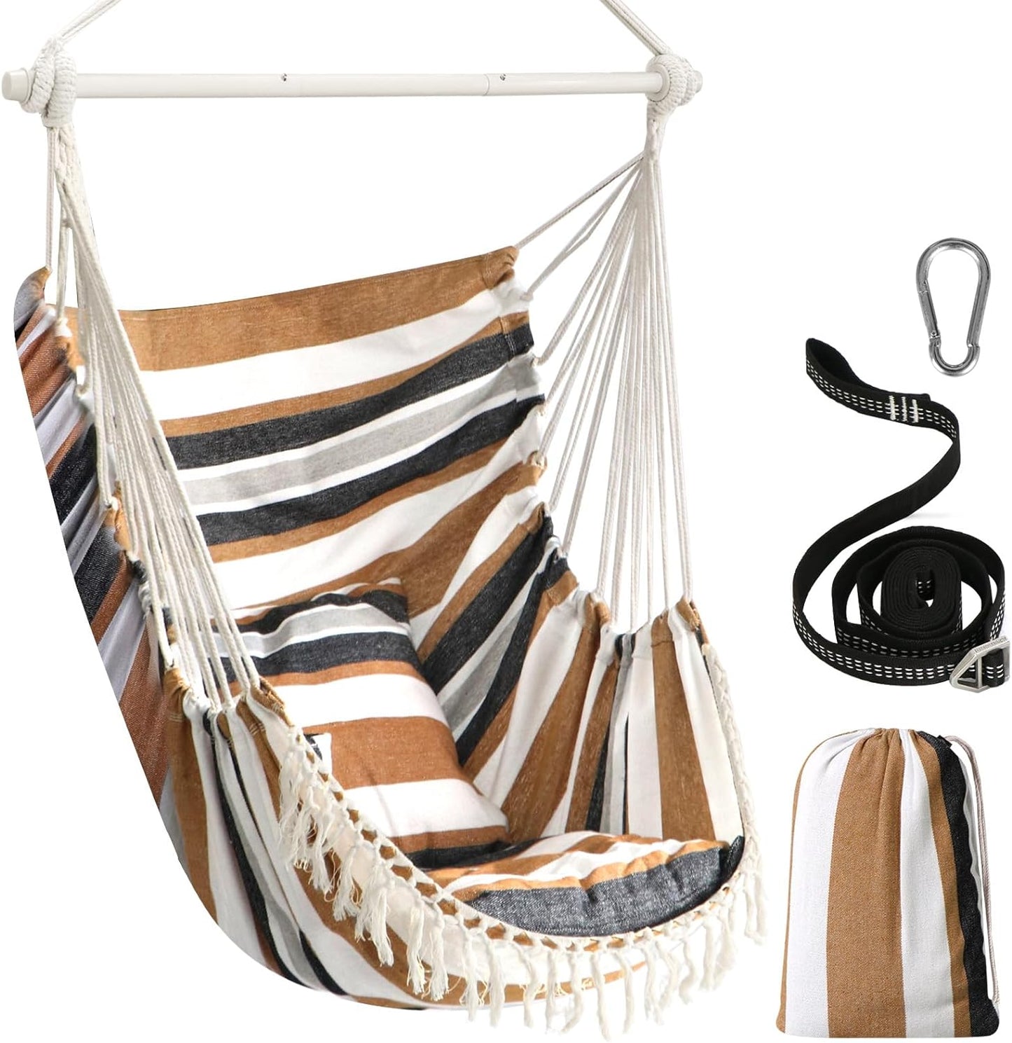 Hammock Chair Hanging Swing Max 500 Lbs 2 Cushions Included Steel Spreader Bar with Anti-Slip Grooves Portable Hanging Chair Side Pocket Large Macrame Bohemian Chair Indoor Outdoor