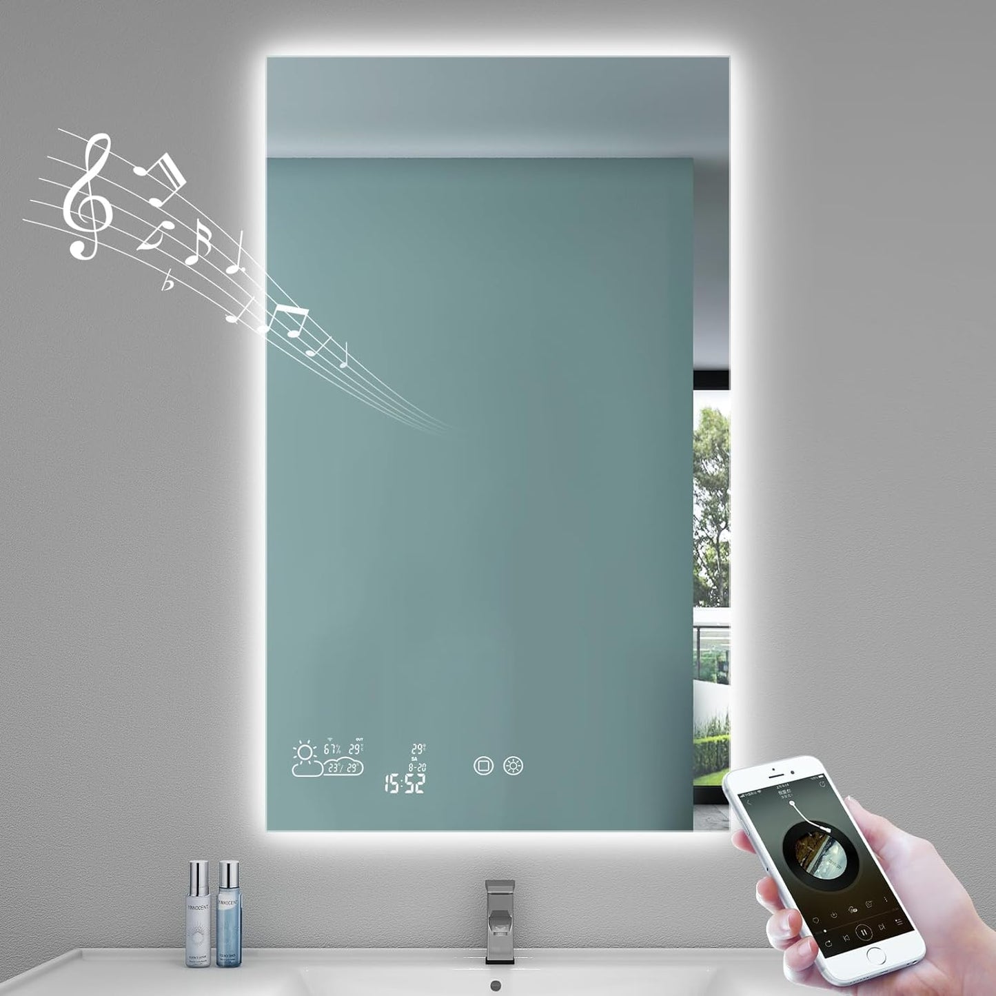 24” X 32” Smart Bathroom Mirror with Bluetooth Wi-Fi Enabled Weather Display, Fog Free, LED Light Vanity Mirror Backlit Frameless Lighted Touch Sensor Makeup for Wall - Vertically Hang Only