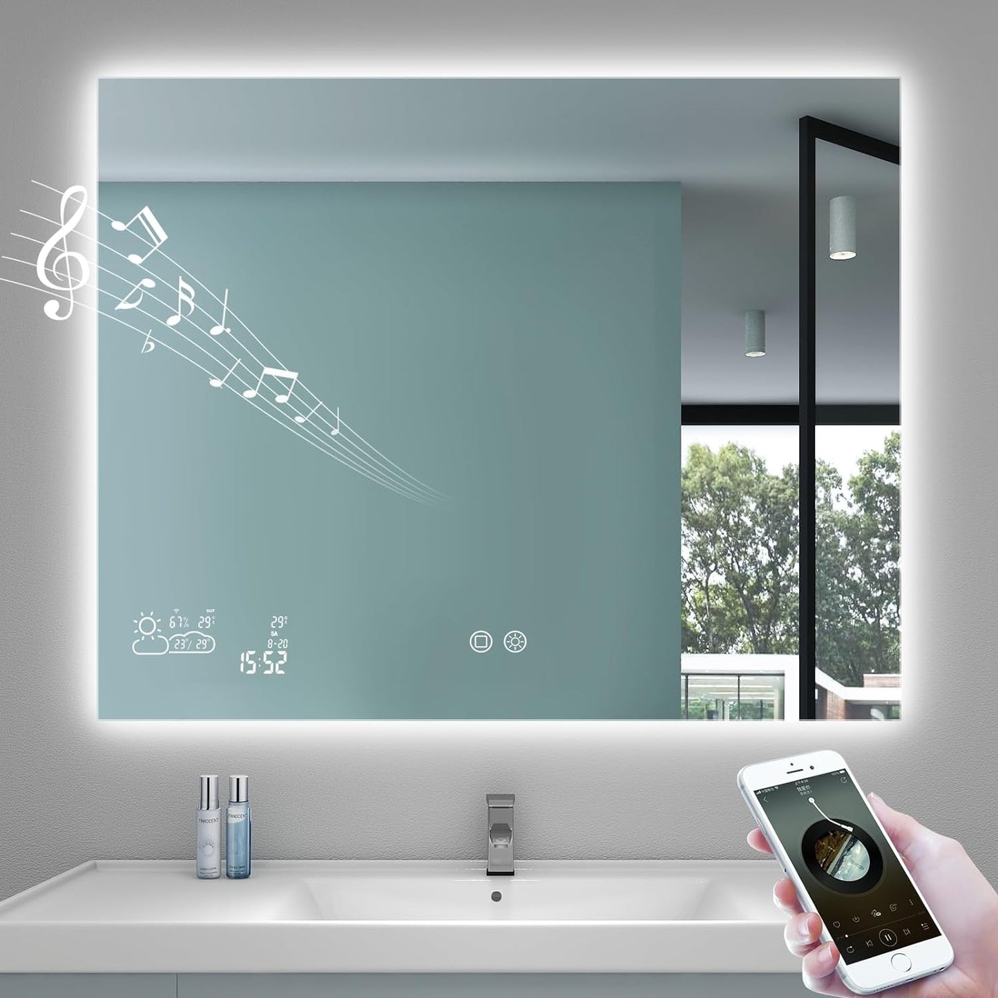 24” X 32” Smart Bathroom Mirror with Bluetooth Wi-Fi Enabled Weather Display, Fog Free, LED Light Vanity Mirror Backlit Frameless Lighted Touch Sensor Makeup for Wall - Vertically Hang Only