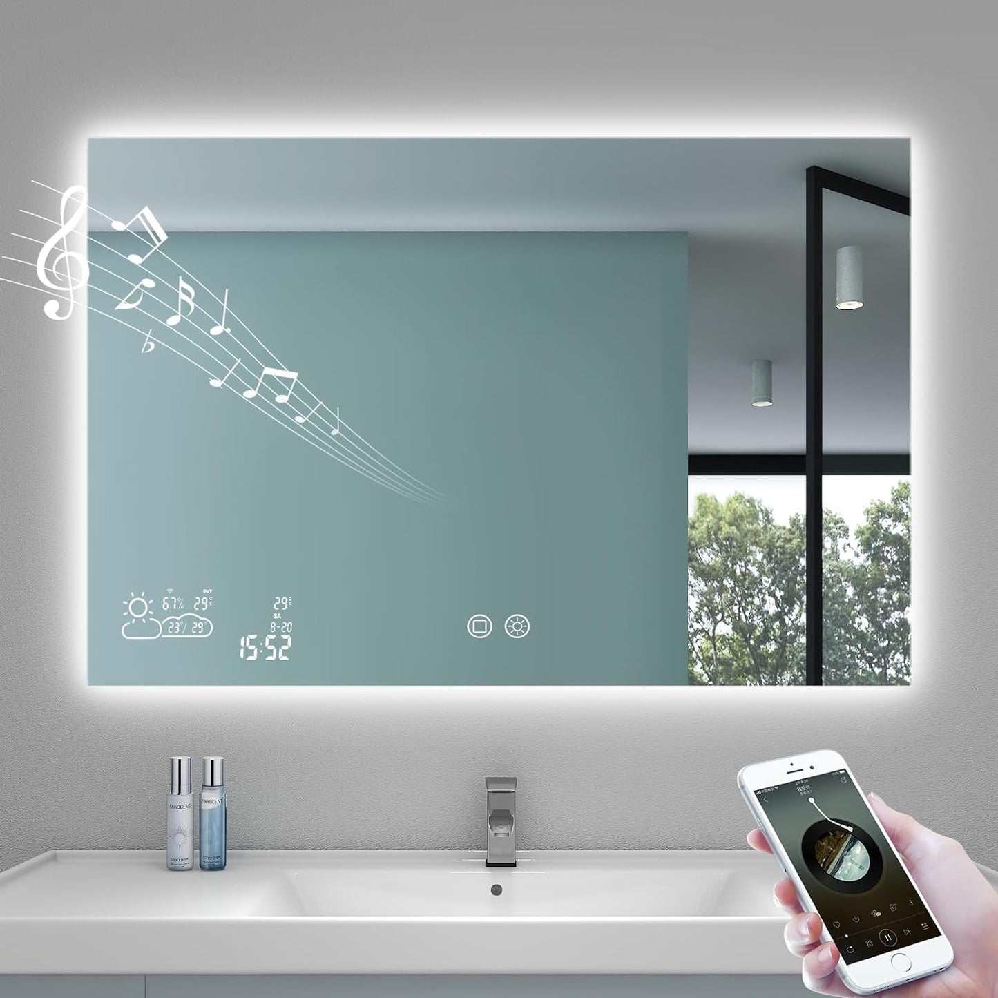 24” X 32” Smart Bathroom Mirror with Bluetooth Wi-Fi Enabled Weather Display, Fog Free, LED Light Vanity Mirror Backlit Frameless Lighted Touch Sensor Makeup for Wall - Vertically Hang Only