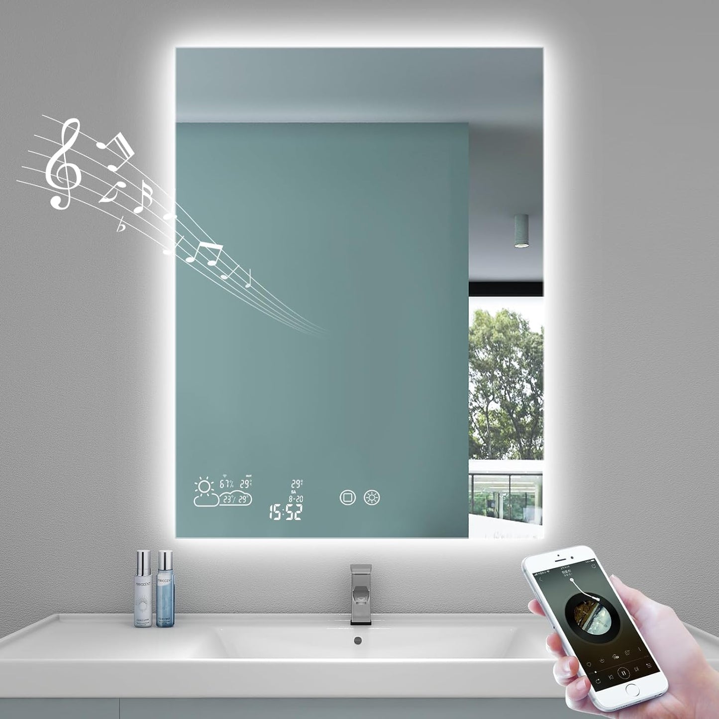 24” X 32” Smart Bathroom Mirror with Bluetooth Wi-Fi Enabled Weather Display, Fog Free, LED Light Vanity Mirror Backlit Frameless Lighted Touch Sensor Makeup for Wall - Vertically Hang Only