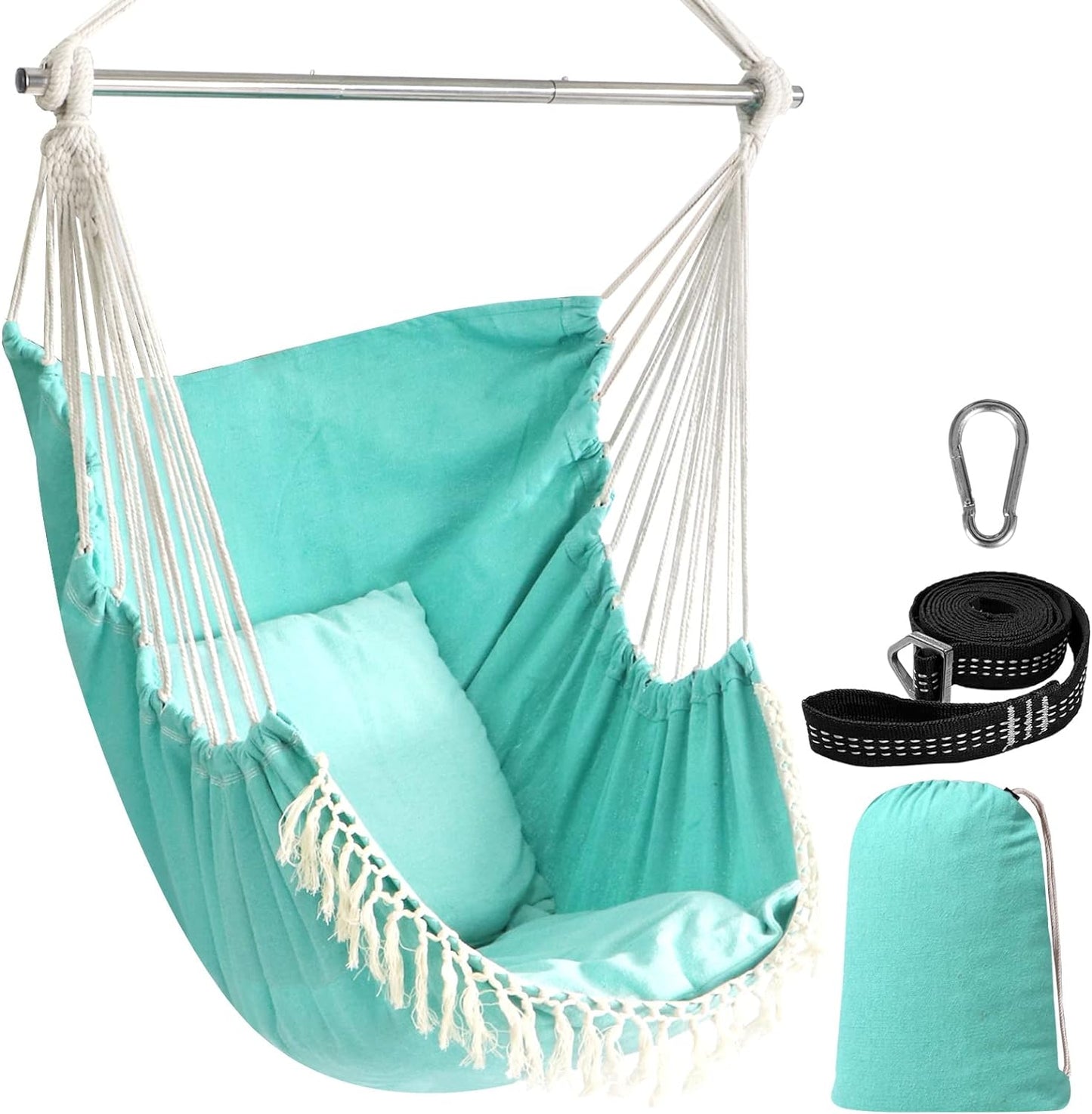 Hammock Chair Hanging Swing Max 500 Lbs 2 Cushions Included Steel Spreader Bar with Anti-Slip Grooves Portable Hanging Chair Side Pocket Large Macrame Bohemian Chair Indoor Outdoor