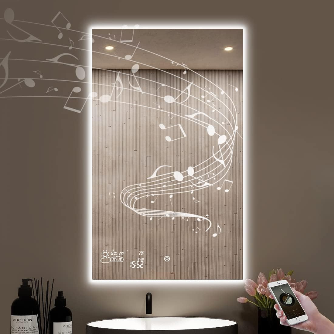 24” X 32” Smart Bathroom Mirror with Bluetooth Wi-Fi Enabled Weather Display, Fog Free, LED Light Vanity Mirror Backlit Frameless Lighted Touch Sensor Makeup for Wall - Vertically Hang Only