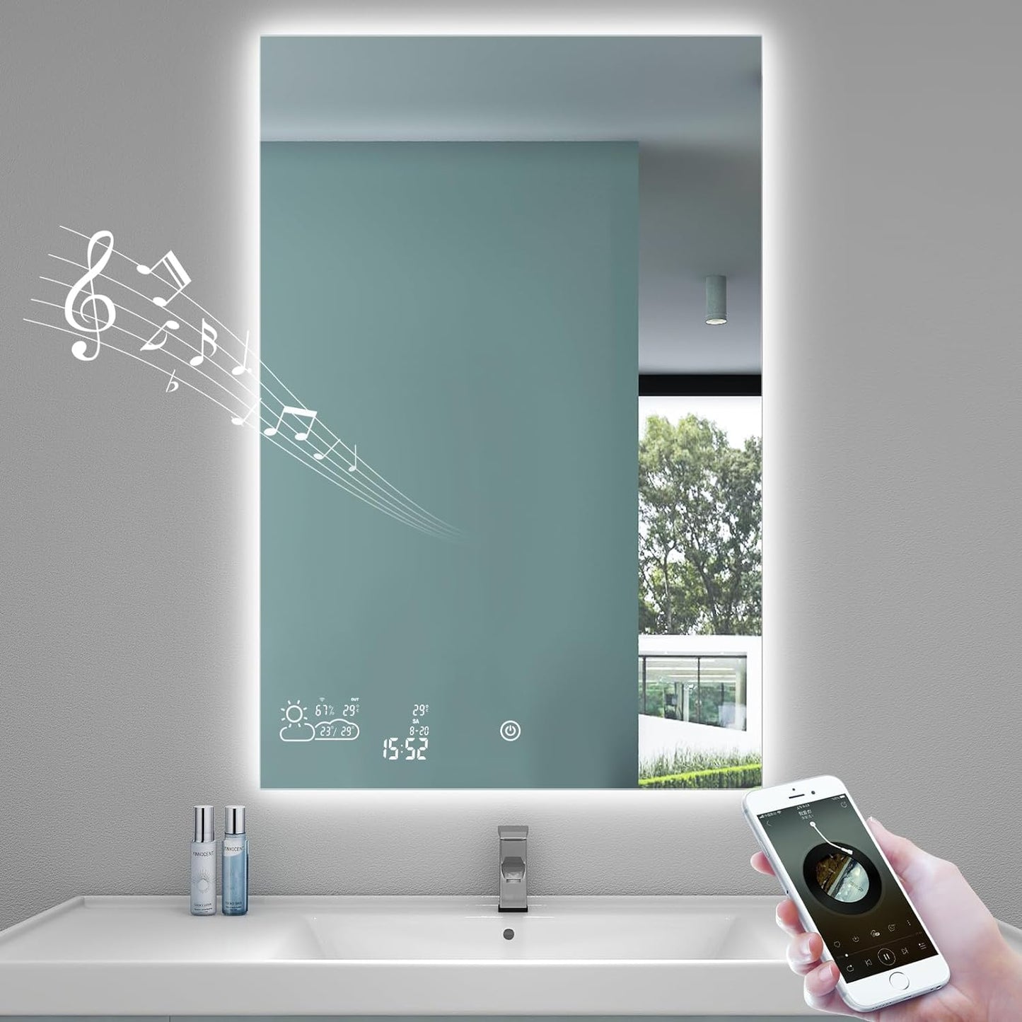 24” X 32” Smart Bathroom Mirror with Bluetooth Wi-Fi Enabled Weather Display, Fog Free, LED Light Vanity Mirror Backlit Frameless Lighted Touch Sensor Makeup for Wall - Vertically Hang Only