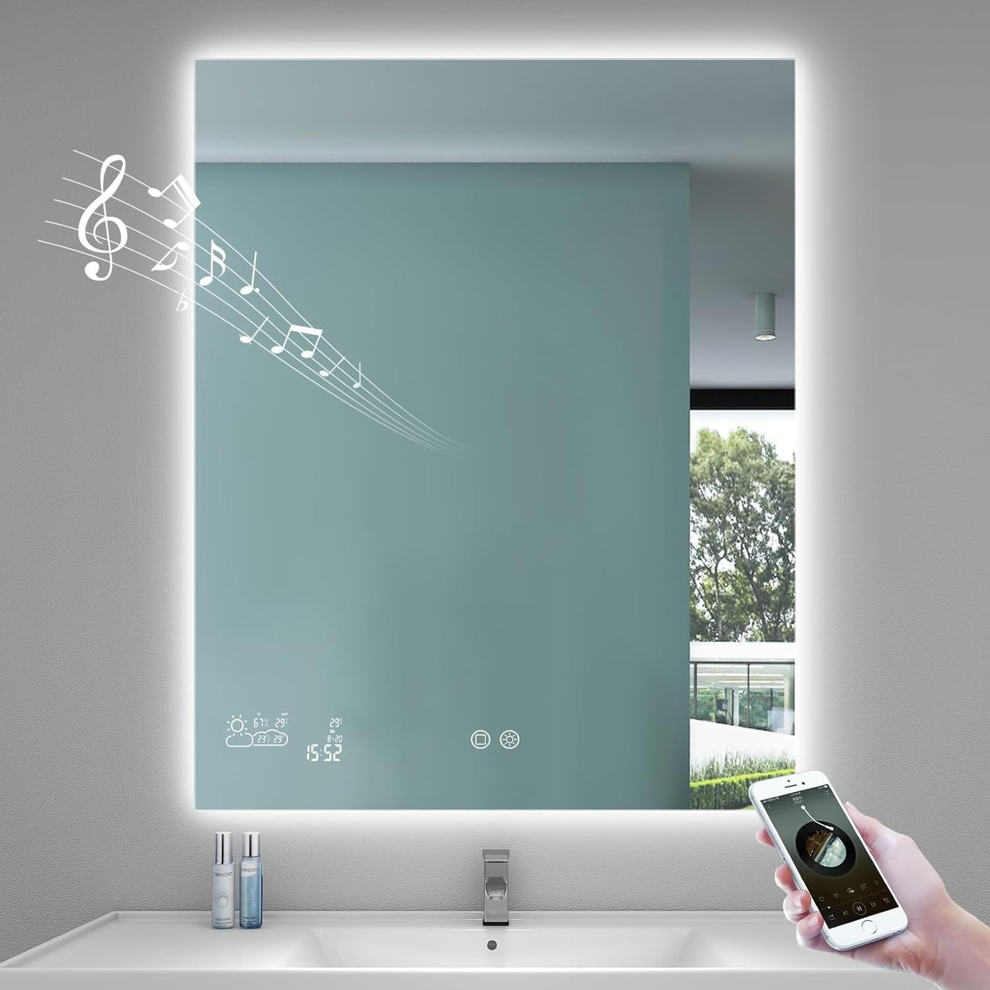 24” X 32” Smart Bathroom Mirror with Bluetooth Wi-Fi Enabled Weather Display, Fog Free, LED Light Vanity Mirror Backlit Frameless Lighted Touch Sensor Makeup for Wall - Vertically Hang Only