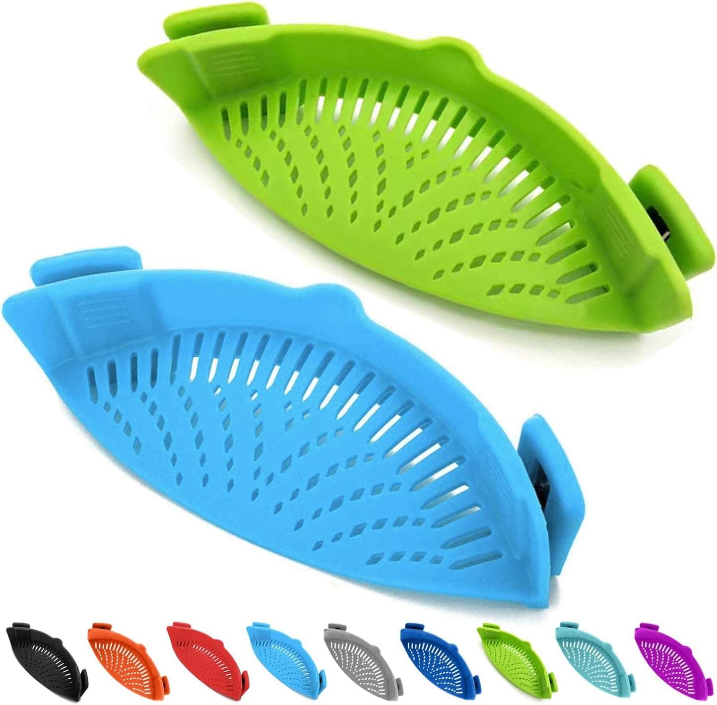 2 Pcs Clip on Strainer, Pot Strainer for Pasta Meat Vegetables Fruit, Silicone Strainer - Fit All Pots and Bowls.