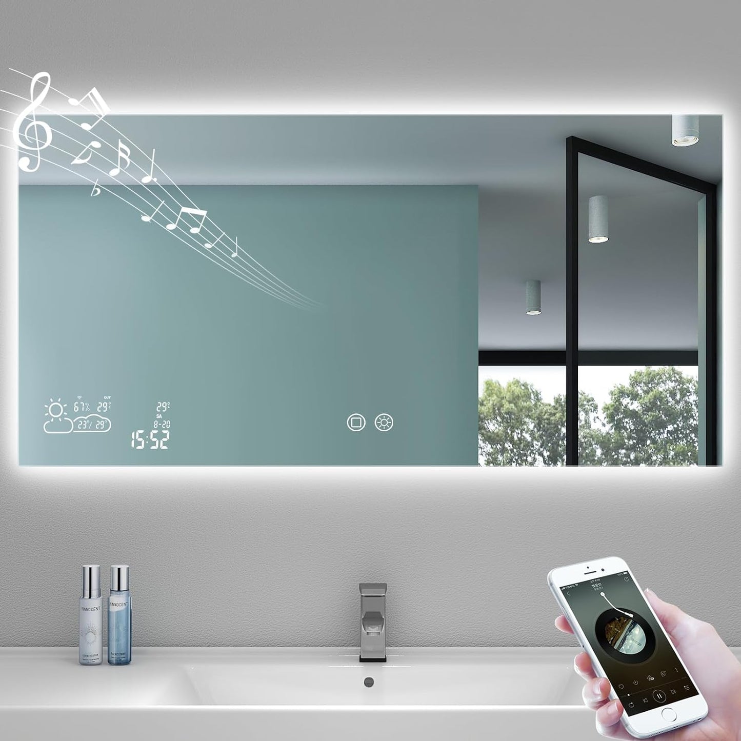 24” X 32” Smart Bathroom Mirror with Bluetooth Wi-Fi Enabled Weather Display, Fog Free, LED Light Vanity Mirror Backlit Frameless Lighted Touch Sensor Makeup for Wall - Vertically Hang Only