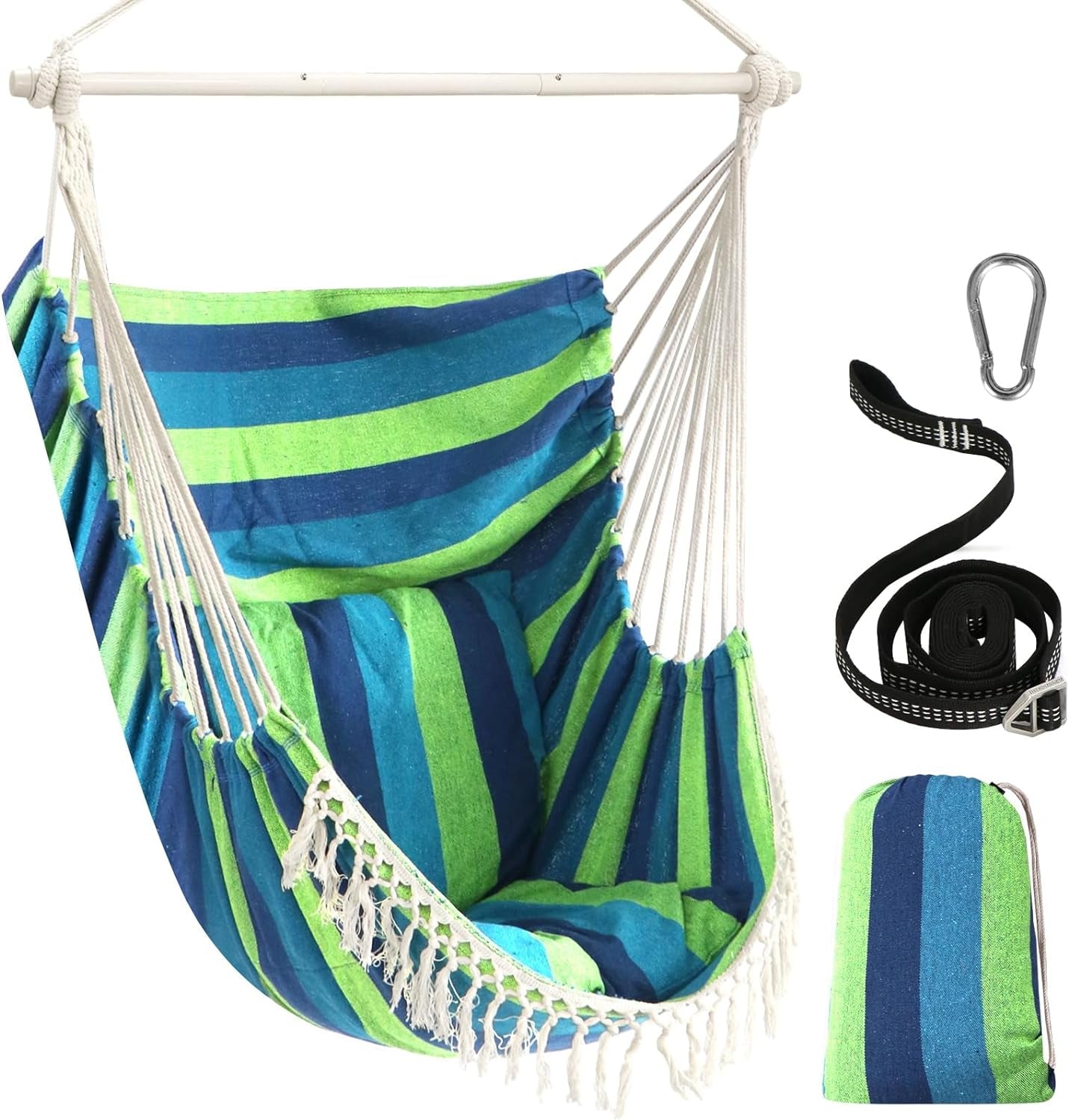 Hammock Chair Hanging Swing Max 500 Lbs 2 Cushions Included Steel Spreader Bar with Anti-Slip Grooves Portable Hanging Chair Side Pocket Large Macrame Bohemian Chair Indoor Outdoor