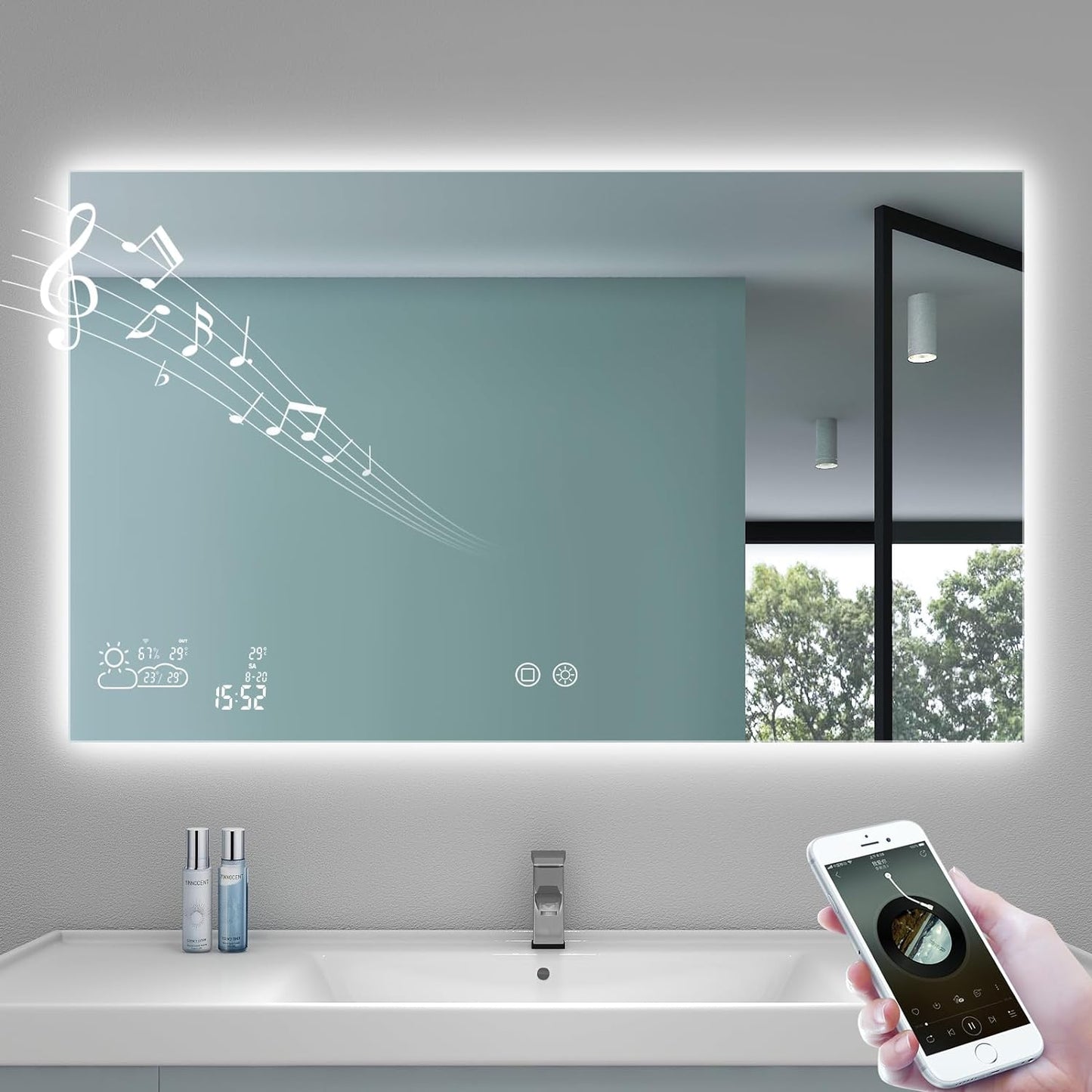 24” X 32” Smart Bathroom Mirror with Bluetooth Wi-Fi Enabled Weather Display, Fog Free, LED Light Vanity Mirror Backlit Frameless Lighted Touch Sensor Makeup for Wall - Vertically Hang Only