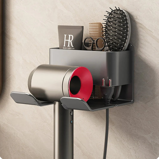 Bath & Toilet wall holder for your hair dryer with a storage organiser for your bath accessories