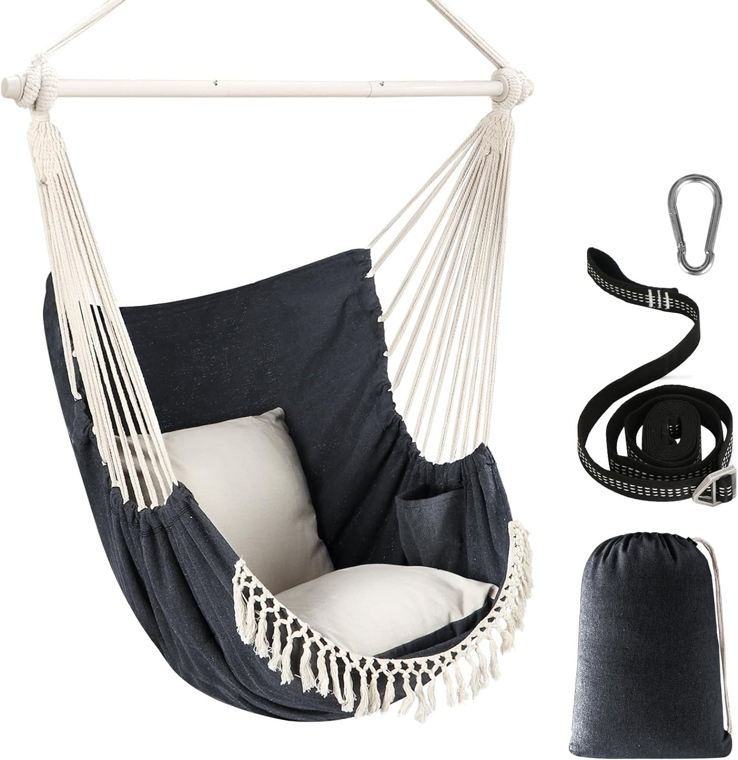 Hammock Chair Hanging Swing Max 500 Lbs 2 Cushions Included Steel Spreader Bar with Anti-Slip Grooves Portable Hanging Chair Side Pocket Large Macrame Bohemian Chair Indoor Outdoor