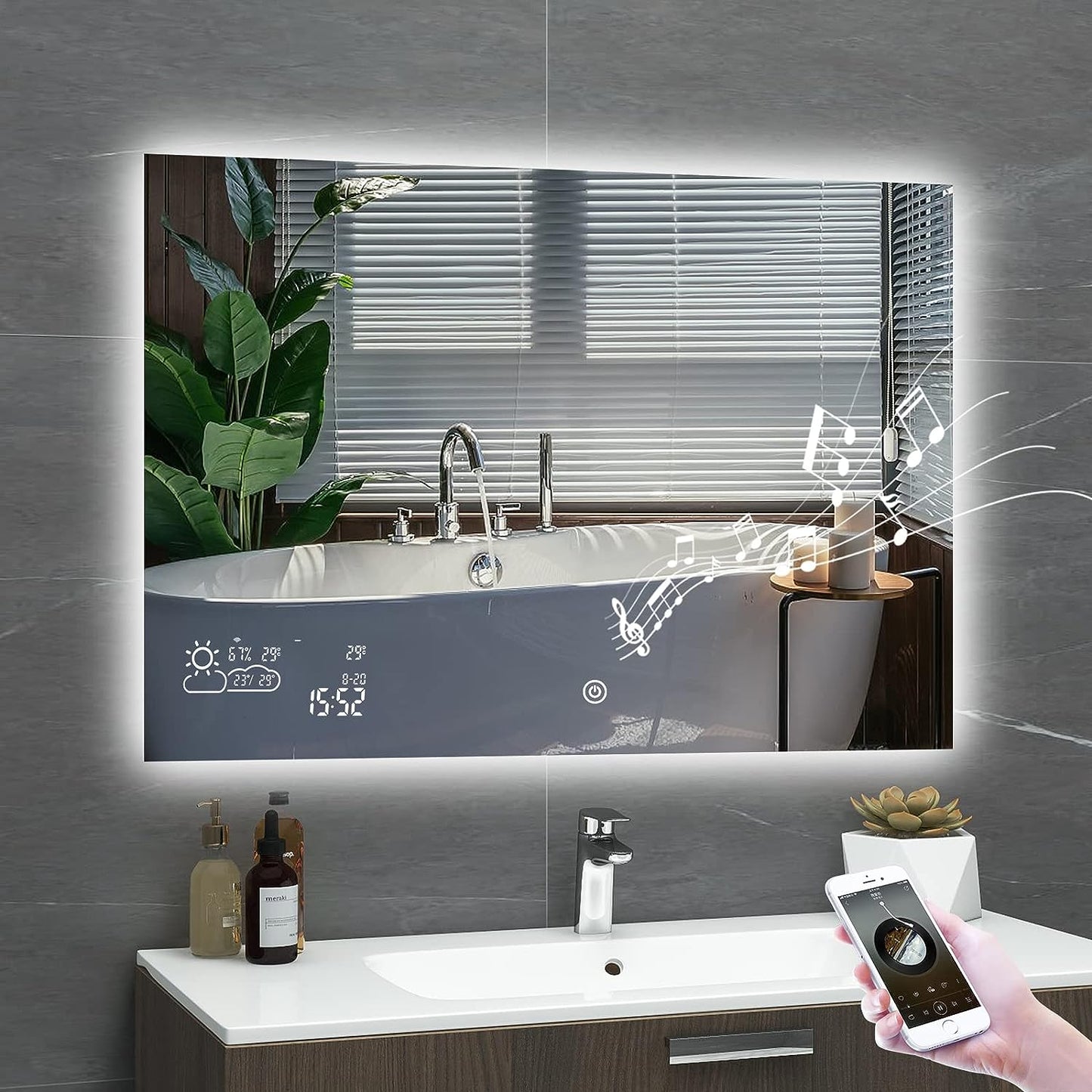 24” X 32” Smart Bathroom Mirror with Bluetooth Wi-Fi Enabled Weather Display, Fog Free, LED Light Vanity Mirror Backlit Frameless Lighted Touch Sensor Makeup for Wall - Vertically Hang Only