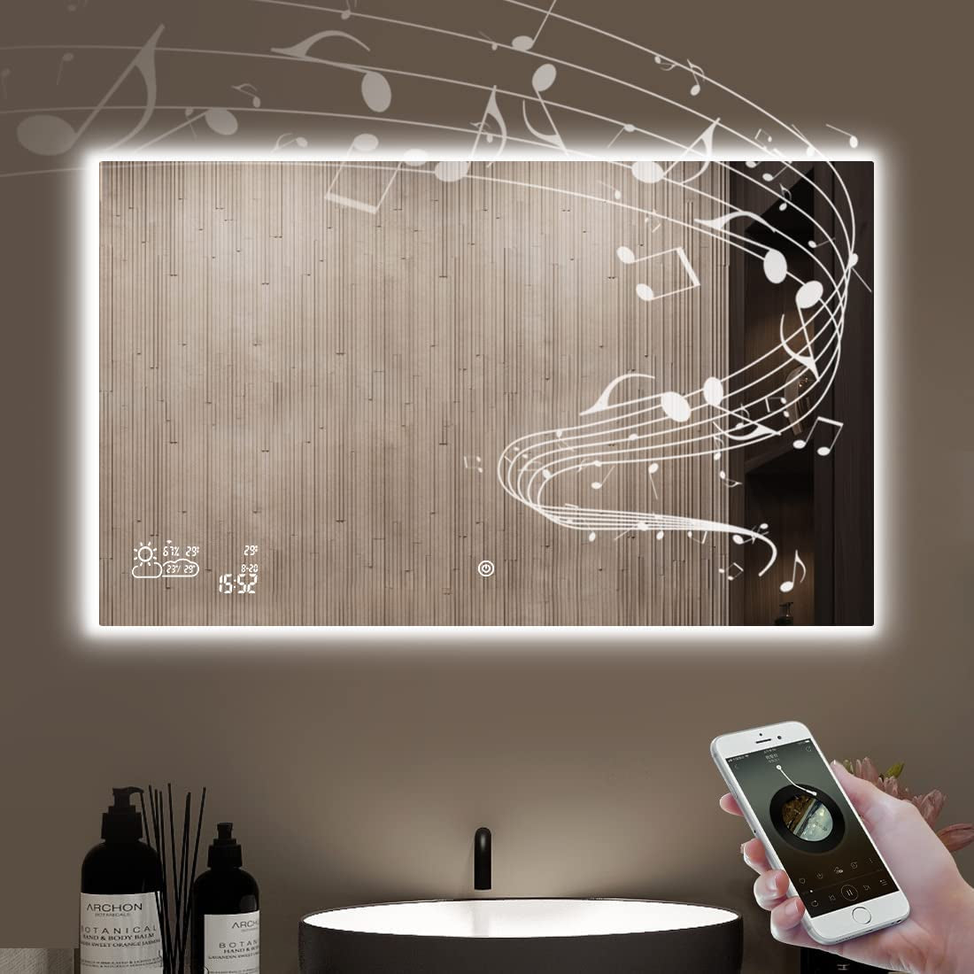 24” X 32” Smart Bathroom Mirror with Bluetooth Wi-Fi Enabled Weather Display, Fog Free, LED Light Vanity Mirror Backlit Frameless Lighted Touch Sensor Makeup for Wall - Vertically Hang Only