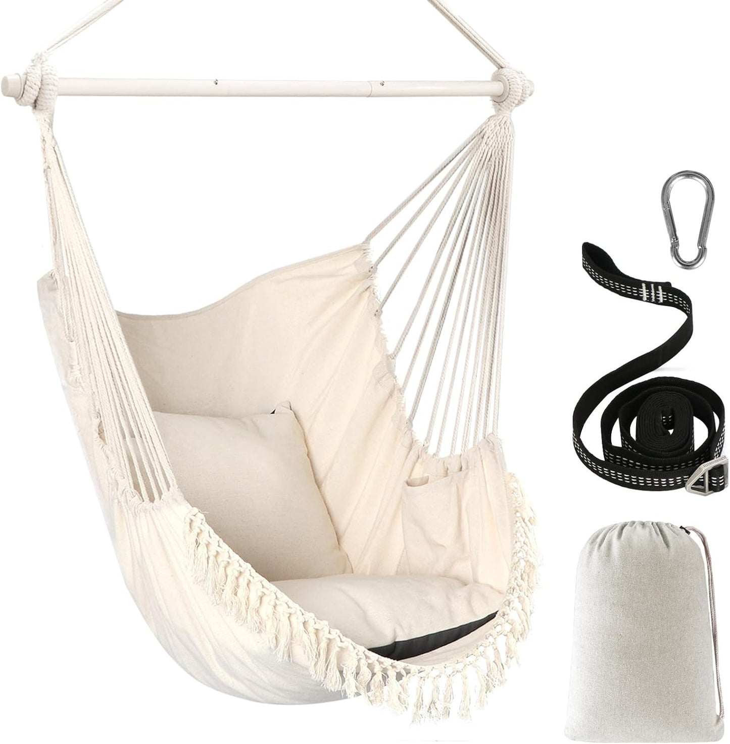 Hammock Chair Hanging Swing Max 500 Lbs 2 Cushions Included Steel Spreader Bar with Anti-Slip Grooves Portable Hanging Chair Side Pocket Large Macrame Bohemian Chair Indoor Outdoor